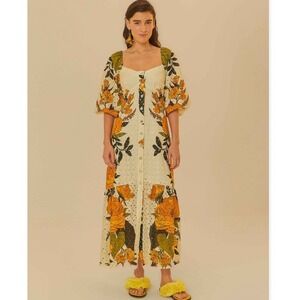Farm Rio Womens Quiet Garden Floral Eyelet Dress Puff Sleeve Square‎ Neck Small